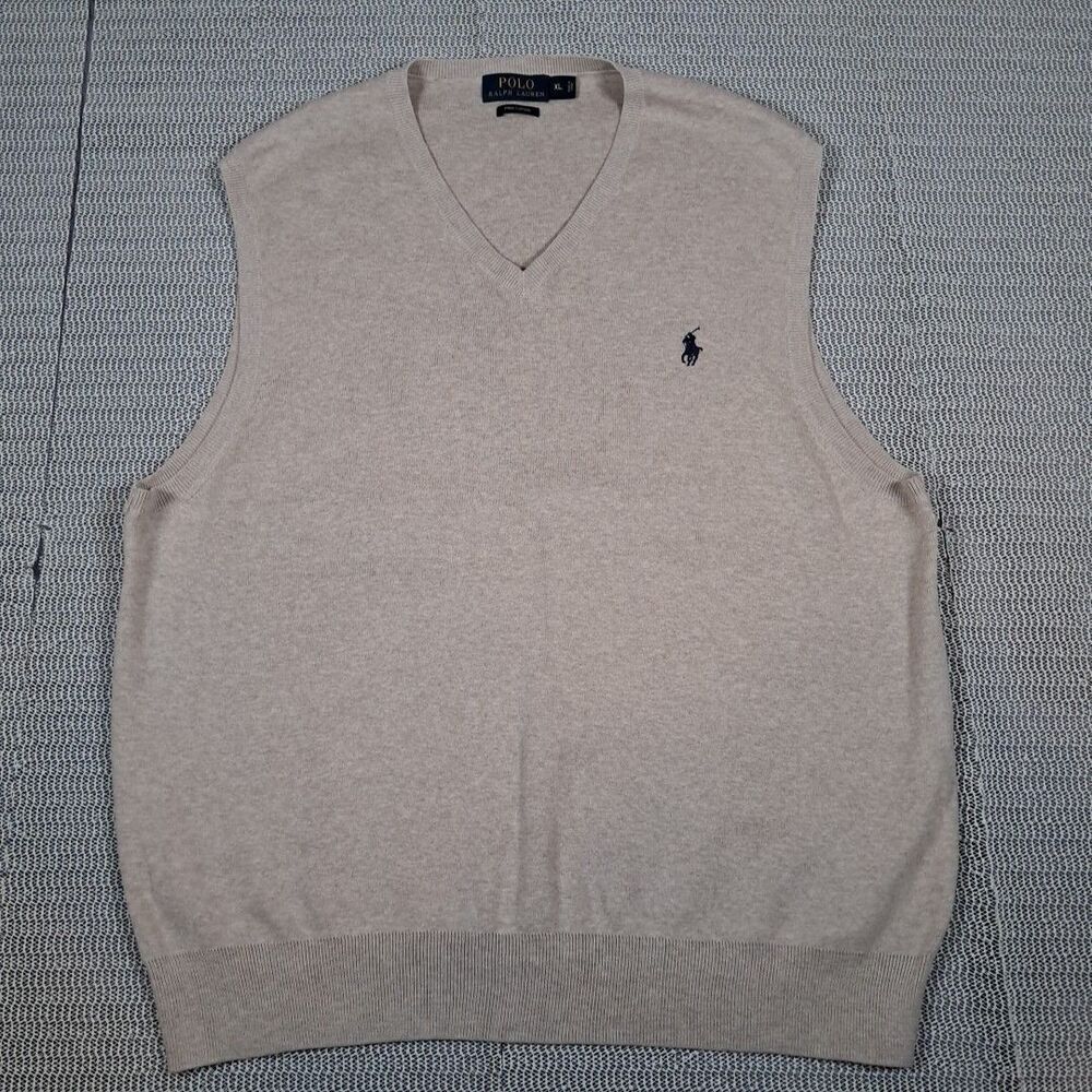 Polo Ralph Lauren 100% Pima Cotton Beige V-Neck Sweater Vest Men's XL Golf